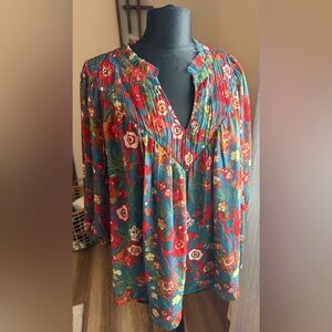 Rose & Olive Floral Blouse - Red and Blue
